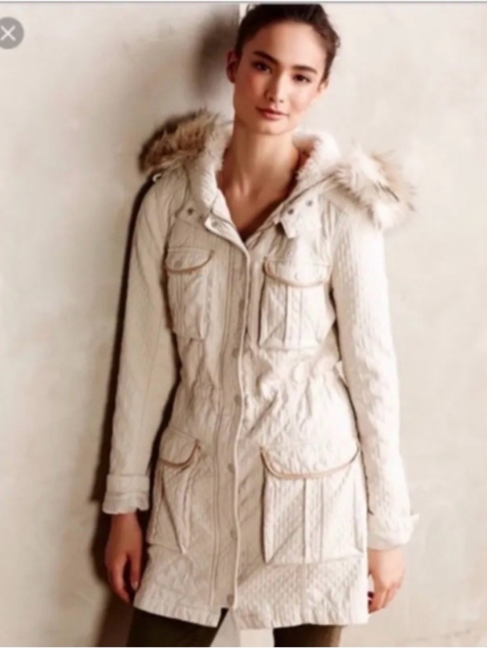 Anthropologie Cream Quilted Parka with Faux-Fur Trim